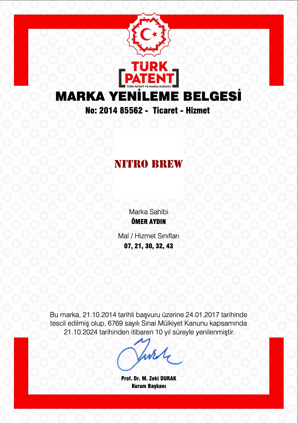 Nitro Brew® Ömer Aydın Patent Belgesi (07, 21, 30, 32, 43)